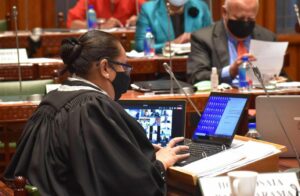 Secretary-General, Mrs Jeanette Emberson during a parliament virtual hybrid sitting in 2021. Copyright: Parliament of Fiji