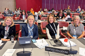 UK Delegations members, Rt Hon Dame Karen Bradley DBE MP, Baroness Hodgson of Abinger, Pam Cox MP and Baroness Blower attend the Forum of Women Parliamentarians during the 151st IPU Assembly in Geneva