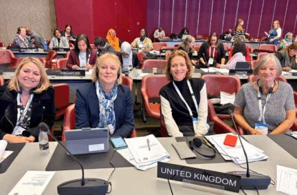 UK Delegations members, Rt Hon Dame Karen Bradley DBE MP, Baroness Hodgson of Abinger, Pam Cox MP and Baroness Blower attend the Forum of Women Parliamentarians during the 151st IPU Assembly in Geneva