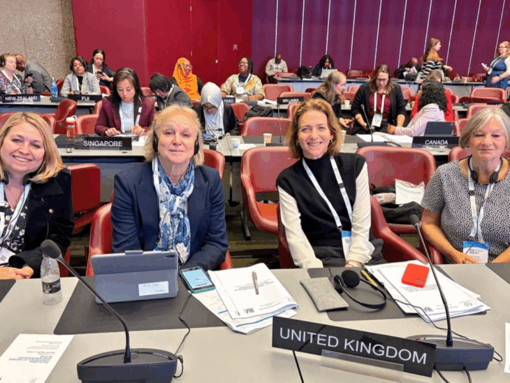UK Delegations members, Rt Hon Dame Karen Bradley DBE MP, Baroness Hodgson of Abinger, Pam Cox MP and Baroness Blower attend the Forum of Women Parliamentarians during the 151st IPU Assembly in Geneva