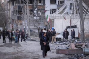 Buildings destroyed by U.S.-Israeli attacks in Tehran, Iran, on 2 March 2026. (photo by Morteza Nikoubazl/NurPhoto via AFP)