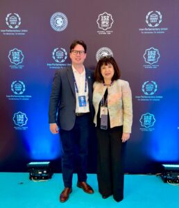 UK Delegation leader Dan Carden MP congratulates Anda Filip on her election as the new IPU Secretary General