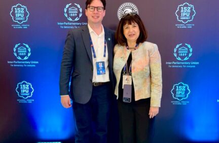 UK Delegation leader Dan Carden MP congratulates Anda Filip on her election as the new IPU Secretary General