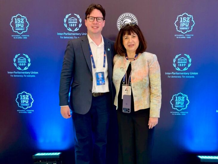 UK Delegation leader Dan Carden MP congratulates Anda Filip on her election as the new IPU Secretary General