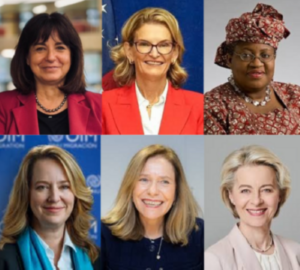 Top row (L-R): IPU Secretary General-elect, Anda Philip, ITU Secretary-General, Doreen Bogdan-Martin and WTO Director-General, Dr. Ngozi Okonjo-Iweala. Bottom row (L-R): IOM Director General, Amy Pope, WMO Secretary-General, Celeste Saulo and President of the European Commission, Ursula von der Leyen. ©IPU
