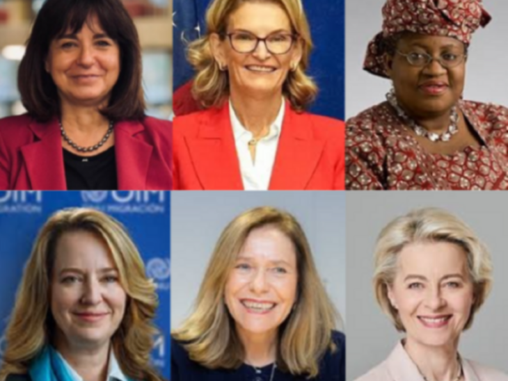 Top row (L-R): IPU Secretary General-elect, Anda Philip, ITU Secretary-General, Doreen Bogdan-Martin and WTO Director-General, Dr. Ngozi Okonjo-Iweala. Bottom row (L-R): IOM Director General, Amy Pope, WMO Secretary-General, Celeste Saulo and President of the European Commission, Ursula von der Leyen. ©IPU