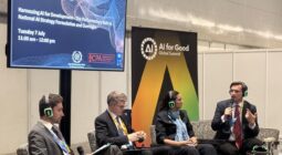 From the left: Alexandre Kriebitz, IPU, Robert Opp, UNDP Chief Digital Officer, Dina Al-Bashir, Member of the National Assembly of Jordan and Andrei Baciu, Member of the Chamber of Deputies of Romania during the AI for Good Summit in Geneva, Switzerland. © IPU
