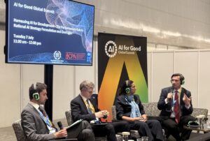 From the left: Alexandre Kriebitz, IPU, Robert Opp, UNDP Chief Digital Officer, Dina Al-Bashir, Member of the National Assembly of Jordan and Andrei Baciu, Member of the Chamber of Deputies of Romania during the AI for Good Summit in Geneva, Switzerland. © IPU