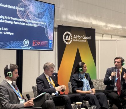 From the left: Alexandre Kriebitz, IPU, Robert Opp, UNDP Chief Digital Officer, Dina Al-Bashir, Member of the National Assembly of Jordan and Andrei Baciu, Member of the Chamber of Deputies of Romania during the AI for Good Summit in Geneva, Switzerland. © IPU