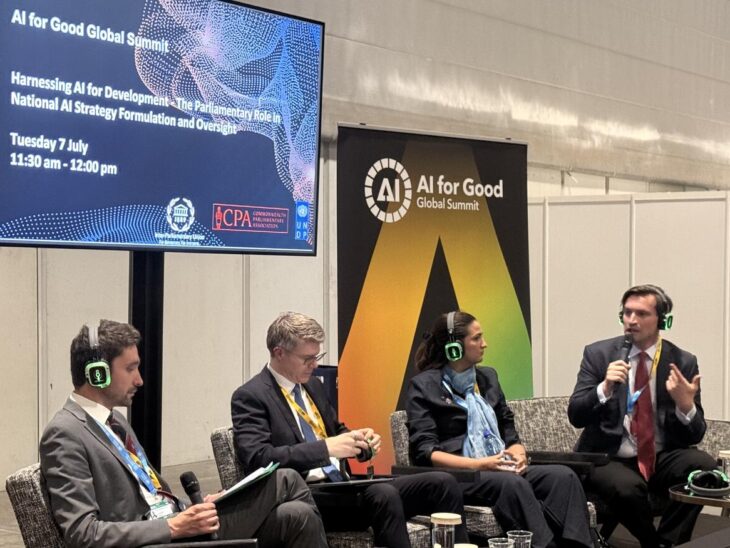 From the left: Alexandre Kriebitz, IPU, Robert Opp, UNDP Chief Digital Officer, Dina Al-Bashir, Member of the National Assembly of Jordan and Andrei Baciu, Member of the Chamber of Deputies of Romania during the AI for Good Summit in Geneva, Switzerland. © IPU