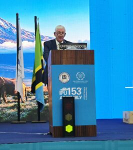 Sir Lindsay Hoyle, Speaker of the House Of Commons, addresses the 153rd IPU Assembly in Arusha, Tanzania