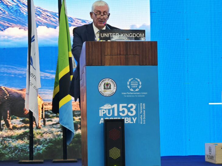 Sir Lindsay Hoyle, Speaker of the House Of Commons, addresses the 153rd IPU Assembly in Arusha, Tanzania